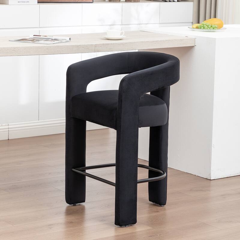 SEYNAR Modern Velvet 34.6''H Fixed Height Open-Back Bar Stool with Metal Footrest