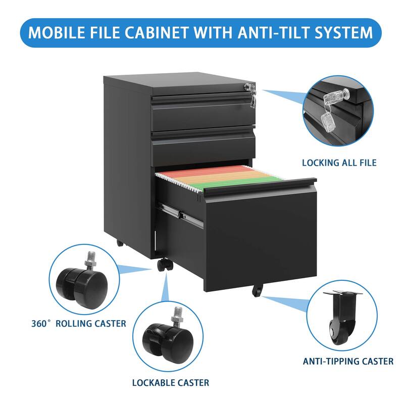 3 Drawer Mobile File Cabinet with Lock,Metal Filing Cabinets for Home Office Organizer Letters/Legal/A4 - Black
