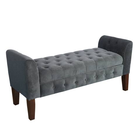 Velvet Upholstered Button Tufted Wooden Bench Settee With Hinged Storage, Dark Gray and Brown - 23 H x 50 W x 18 L Inches