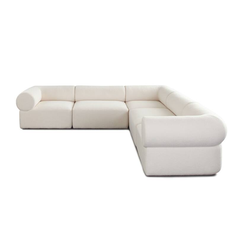 Zey 5pc Modular Corner L Sectional Sofa, Ivory Sherpa Fabric, 120 Inch