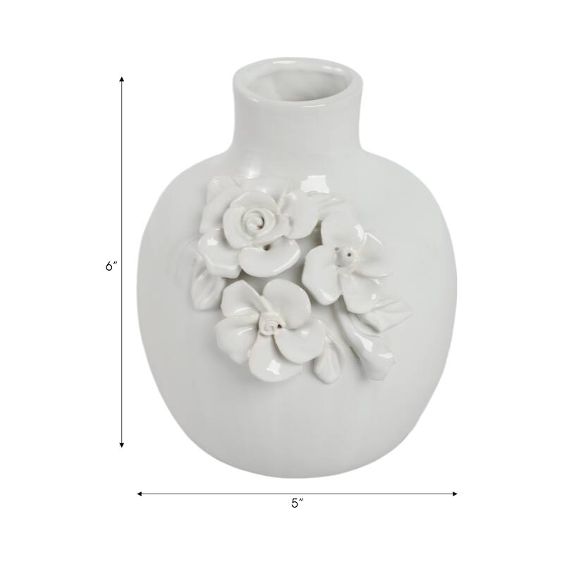 Ceramic Decorative Vase 3D Floral Detail Glossy Finish - 6" White