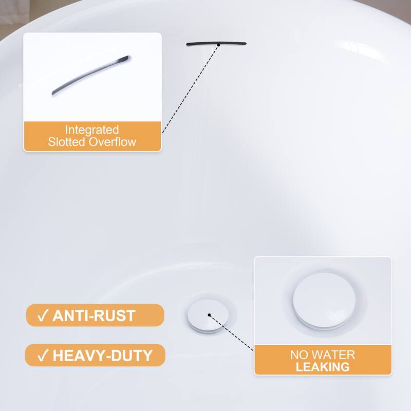 66'' W,73 GALLONS Freestanding Acrylic Soaking Bathtub With Drain And Overflow Holes