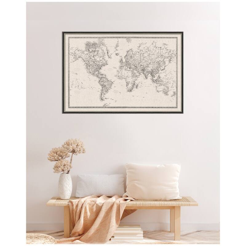Kate and Laurel Framed Fabric Pinboard Vintage Black and White Linen World Map Wall Organization
