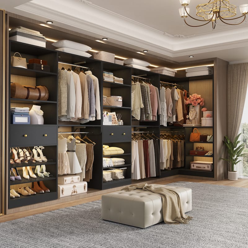 Zyntex Corner Closet System with 2 Wooden Drawers and 6 Hanging Rods, Freestanding Walk-in Closet Organizer with Storage Shelves