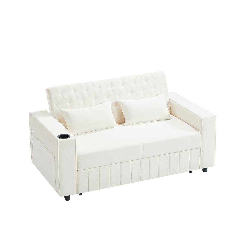 61.41" Chenille Convertible Sofa Bed with Adjustable Backrest, USB & Cup Holders