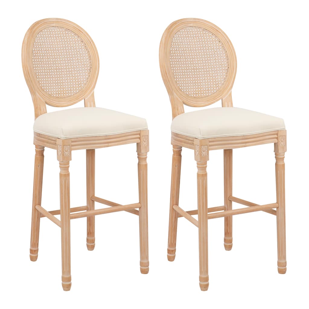 Modern Set of 2 Round Back Dining Chairs with Burlap Upholstered Seat and Wooden Legs for Dining Room, Bar and Living Room
