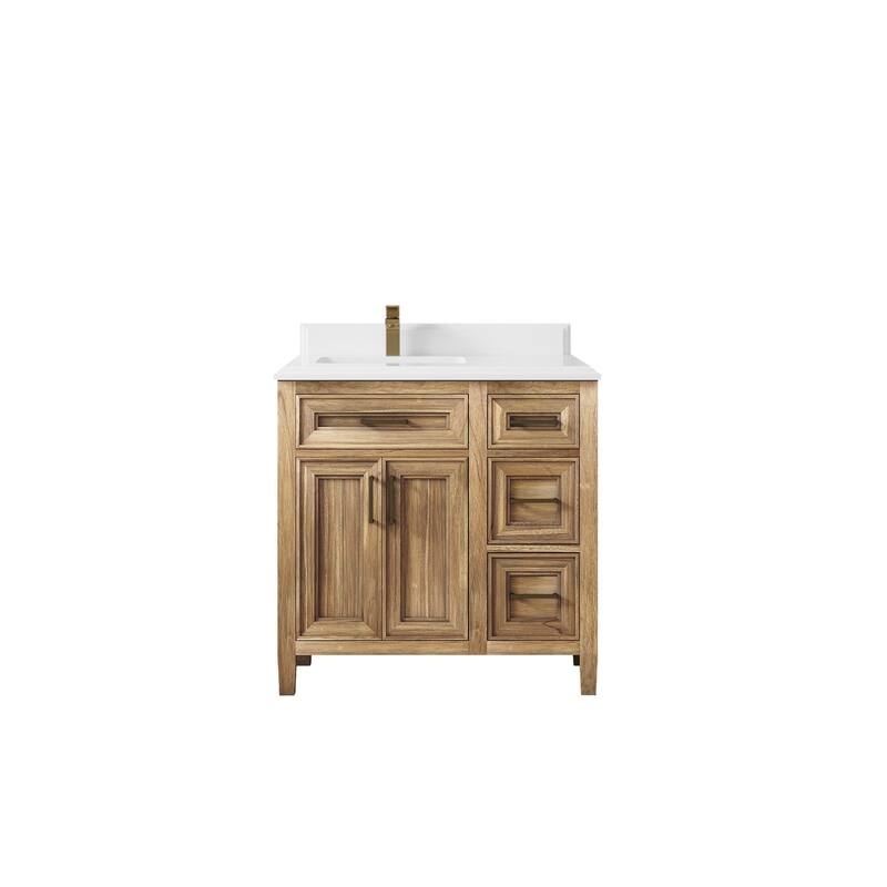 Willow Collections 36 in. W x 22 in. D Santa Monica Teak Left Offset Sink Bathroom Vanity with Countertop - 1.5" White Quartz - Whitewashed Teak