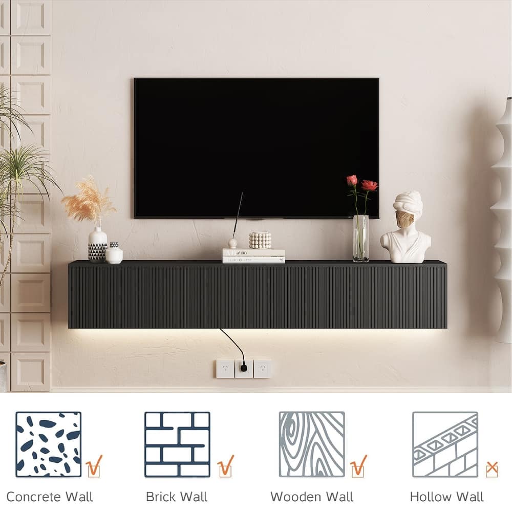 Modern Wall Mounted LED TV Stand with Power Outlet, , Floating Media Cabinet TV Console Entertainment Center for 65" TV