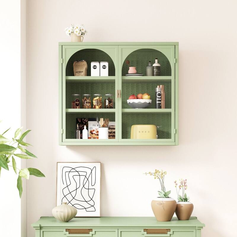 27.56" Modern Wall Cabinet with Featuring Three-tier Enclosed Storag With Glass Doors - Green