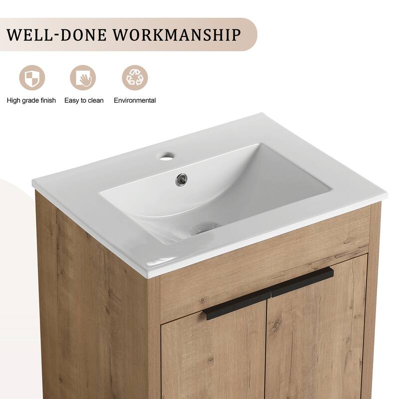 24 Inch Plywood Freestanding Bathroom Vanity Set with Integrated Ceramic Basin and Doors