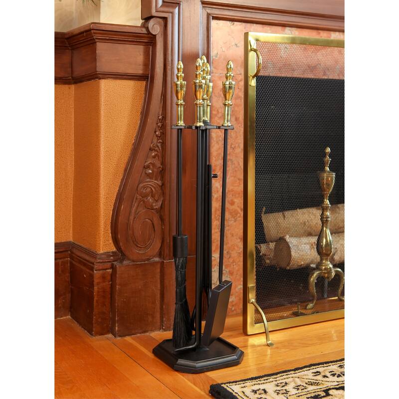 Achla Designs Westford Fireplace Set of 4 Tools, 30.5 Inch Tall, Antique Brass and Black