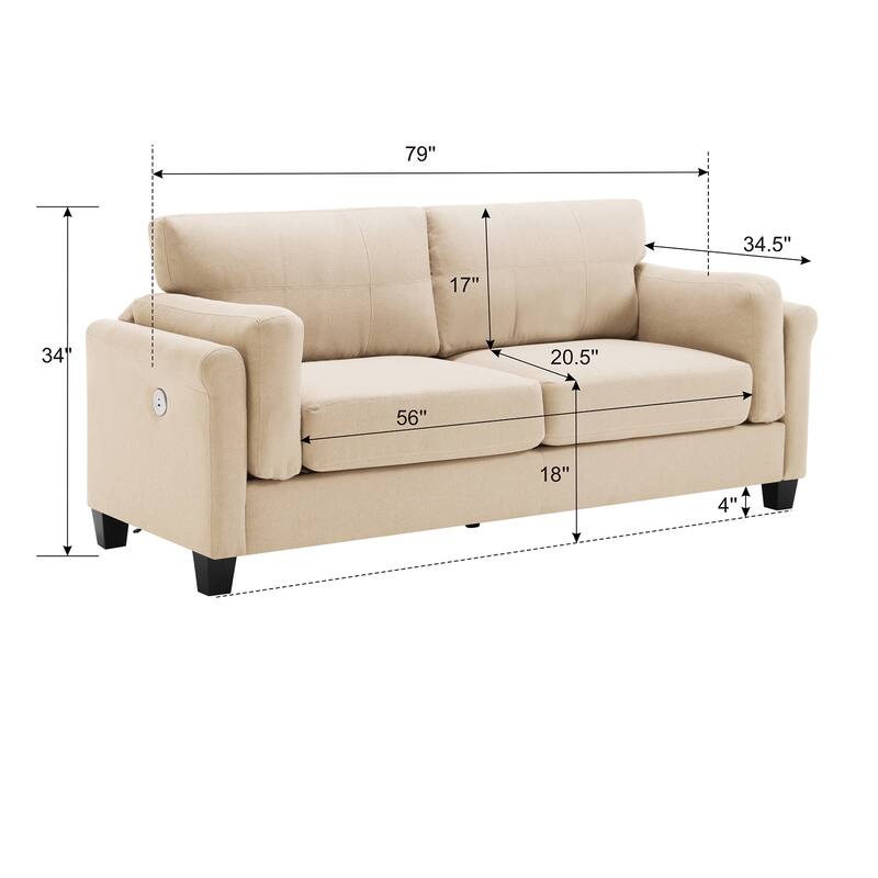 79" Modern Style Button Tufted Linen Upholstered 3-seat Sofa