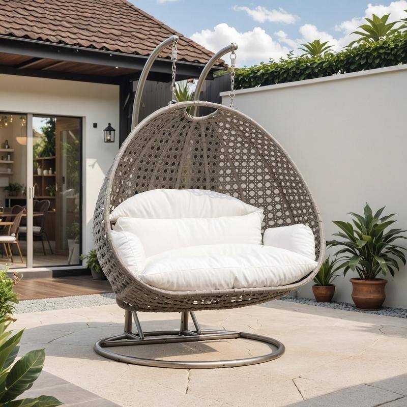 LeisureMod Modern 2-Person Egg Hanging Swing Chair with Beige Wicker, Oxford Fabric Cover, Patio Hammock Lounger and Cushions