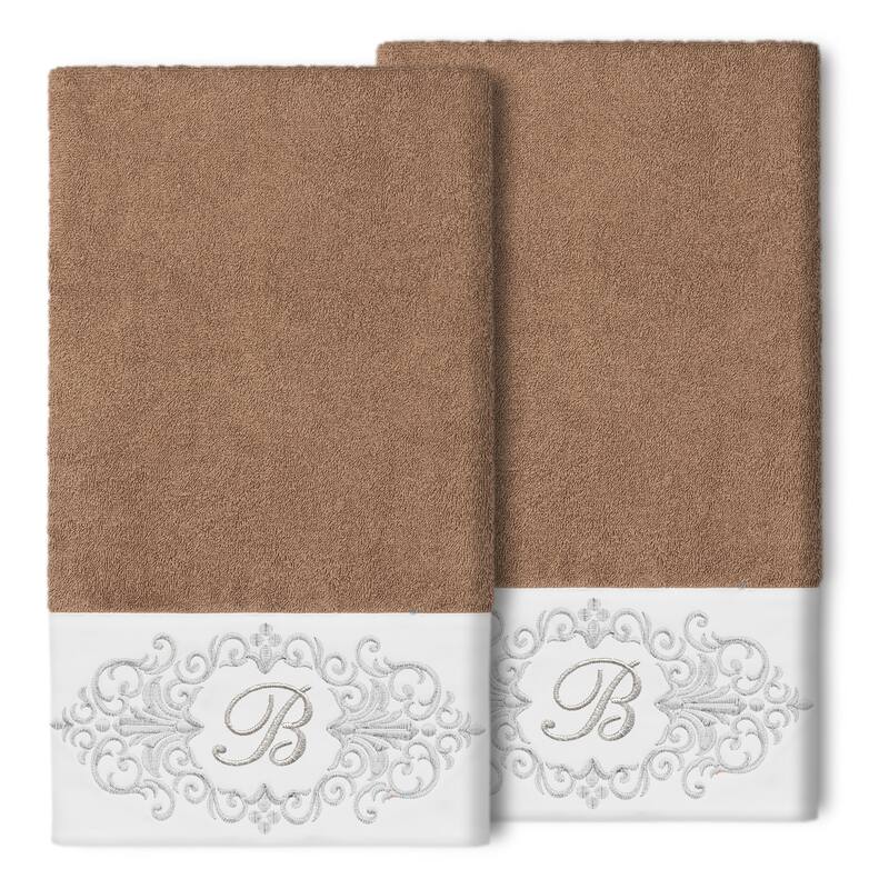 Authentic Hotel and Spa 100% Turkish Cotton Monica 2PC Embellished Bath Towel Set - B - Latte