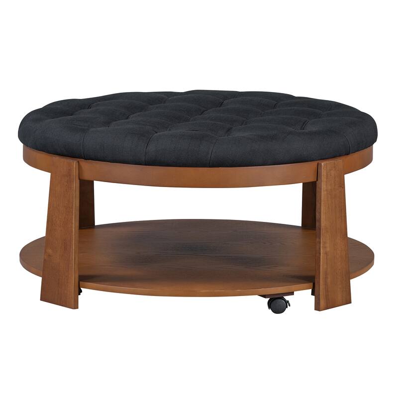 Large Round Ottoman Coffee Table with 2-Tier Storage, Button Tufted and Wheels