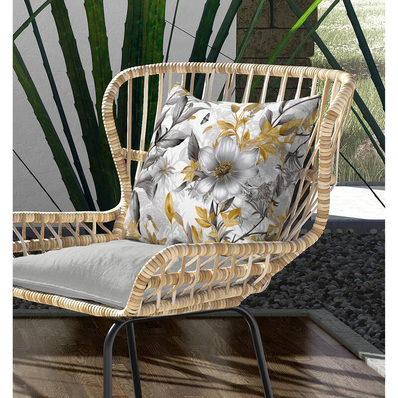 Exquisite Floral Breeze Indoor/Outdoor Reversible Throw Pillow Grey and Gold