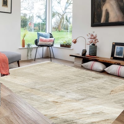 Wony 5 x 7 Medium Area Rug, Abstract Pattern, Gray Beige Polyester - 5 x 7