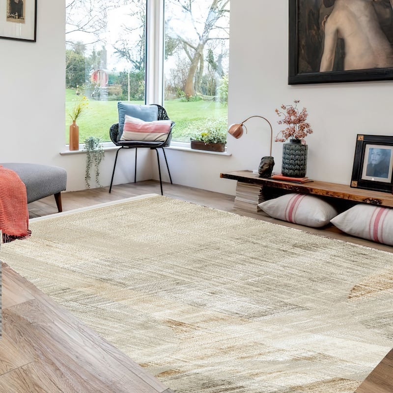 Wony 8 x 10 Large Area Rug, Abstract Pattern, Gray and Beige Polyester - 8 x 10