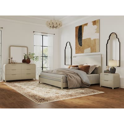 Roundhill Furniture Tavari 4-Piece Bedroom Set with Panel Bed, Dresser, Mirror, and Nightstand in Light Gray
