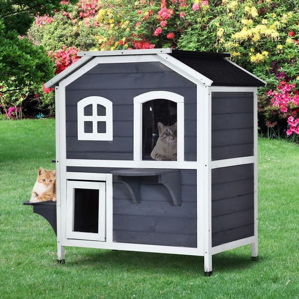 PawHut Fir Wood 2 Story Outdoor Cat House Wooden Feral Cat Shelter with Openable Asphalt Roof for Indoor Outdoor White Grey On Sale Bed Bath Beyond 30700889
