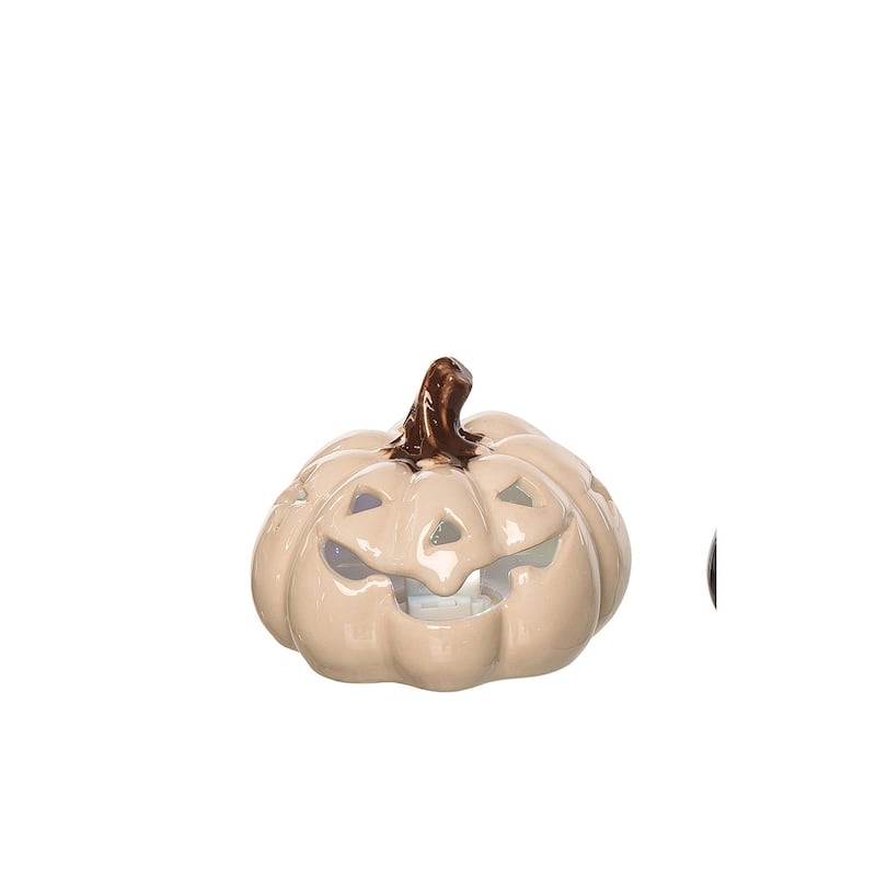 3.27" x 3.94" Orange White Black Stoneware Pumpkin 3-Piece Light Up Jack O' Lantern Halloween Figurines