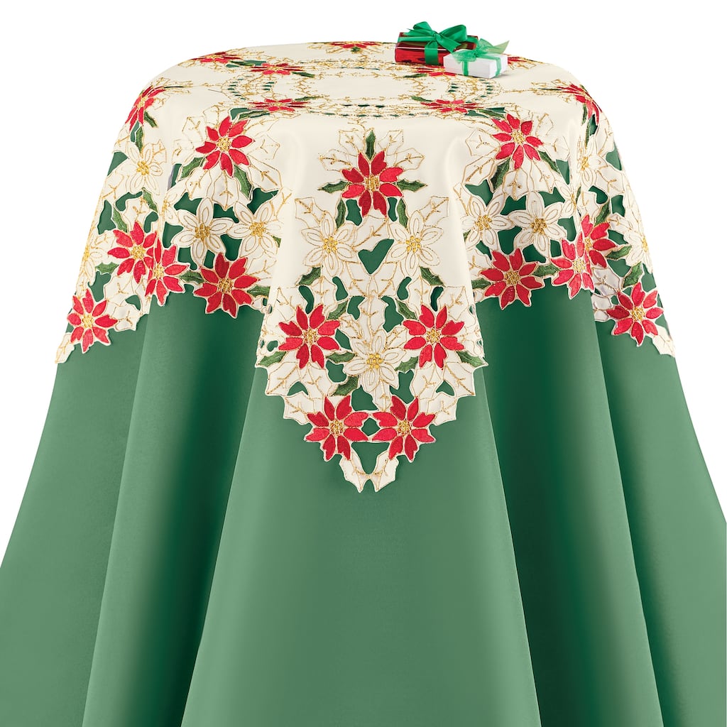 Embroidered Shimmer Poinsettia Table Linens