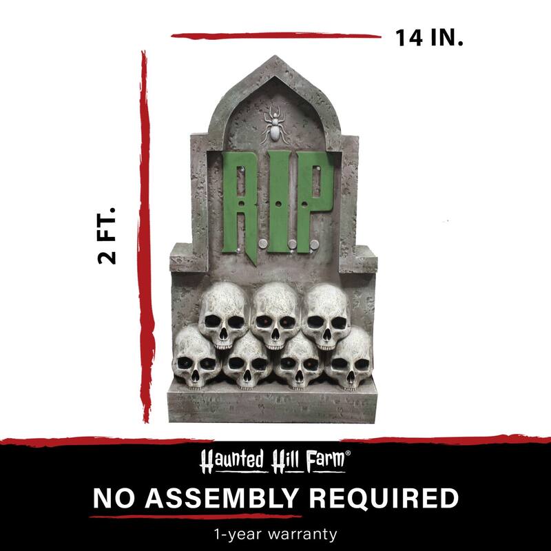 Haunted Hill Farm 2-Ft. RIP Tombstone with Skulls Prelit LED Resin Figurine, Plug-in