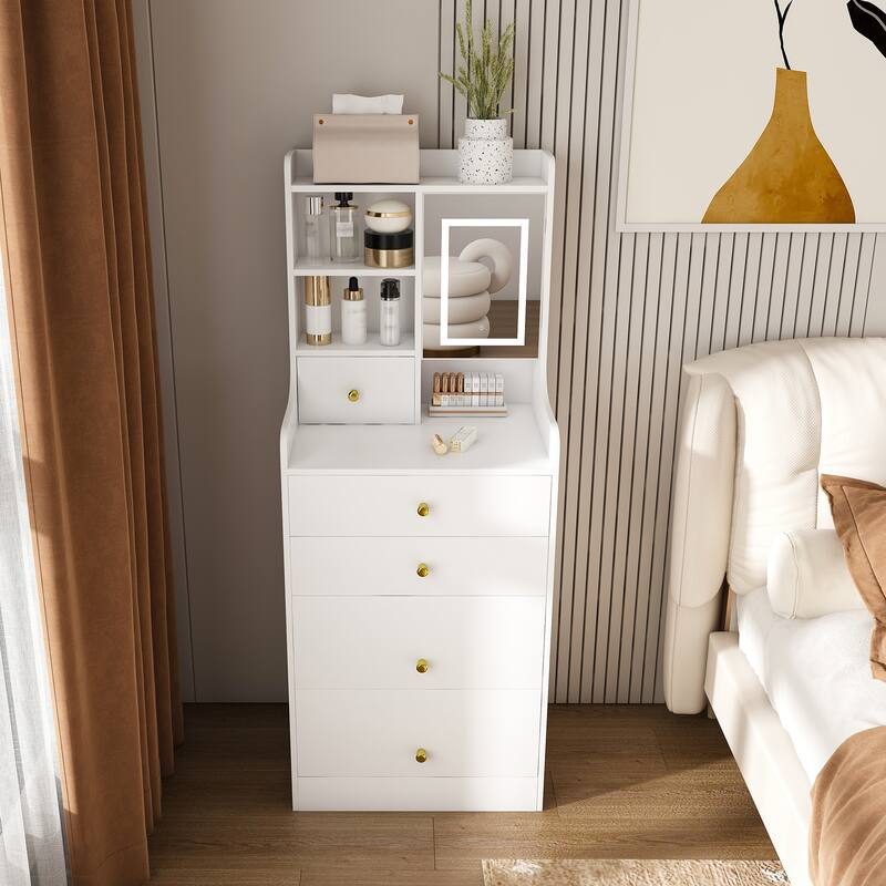 3-in-1 Dressing Table with LED Mirror & Storage Stool - Compact Makeup Vanity with 4 Drawers, Storage Cabinet & Hidden Stool