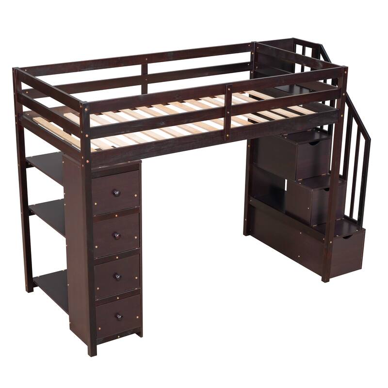 Twin-Size Loft Bed with Drawers, Storage Stairs and Shelves for Teens