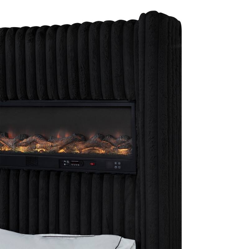Best Master Furniture Noemie Luxe Modern Upholstered Velvet Panel Bed with Integrated Fireplace Display