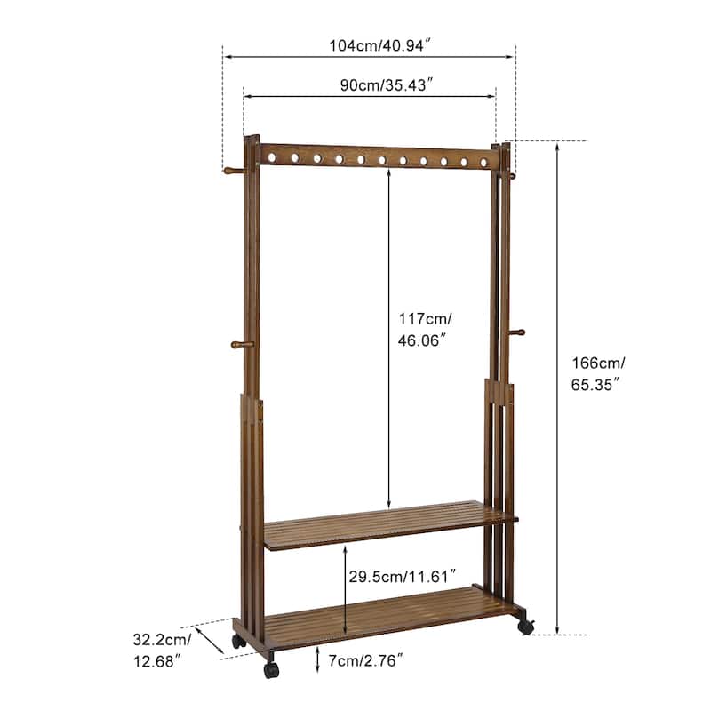 Rustic Wooden Clothes Rack Freestanding Bamboo Garment Stand On Wheels - 40.94x12.68x65.35 inch