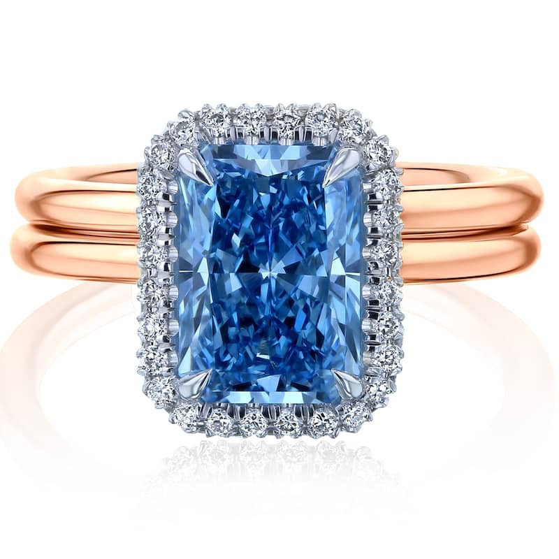 Kobelli 3.40 Carat Blue Diamond Certified 14k Solid Gold Radiant-cut Plain Comfort Bands Aomori 2pc Bridal Set (Excellent) - Rose - 9