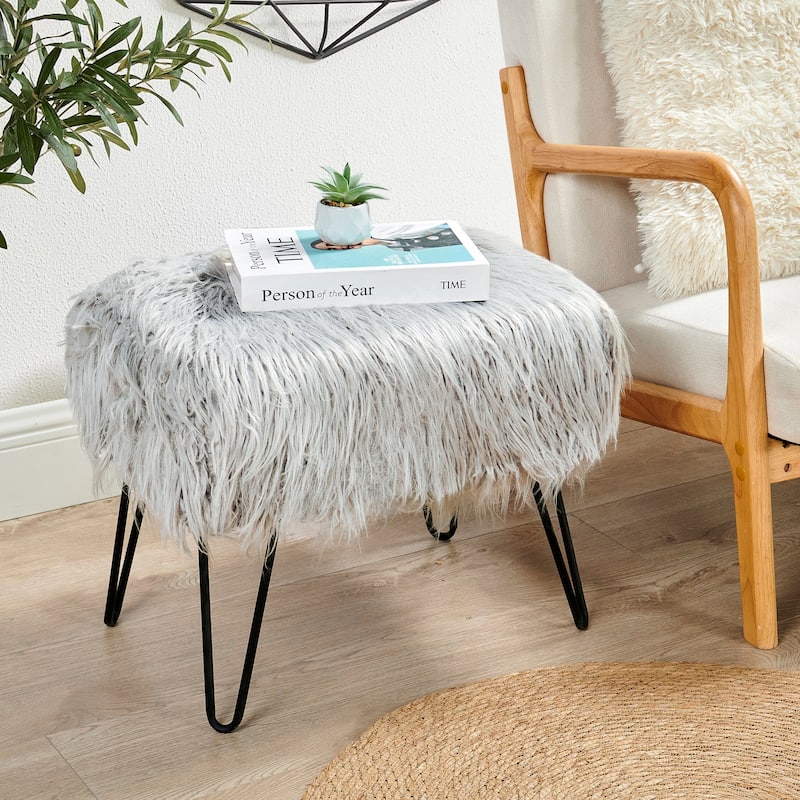 Mongolian Fauxfur Ottoman - 19"x 13"x17" - Silver Cloud