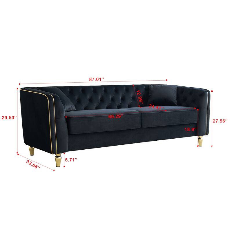 87.01" Velvet Corduroy Modern Classic 3-Seater Sofa with Solid Pine Wood Frame, Includes 2 Throw Pillows