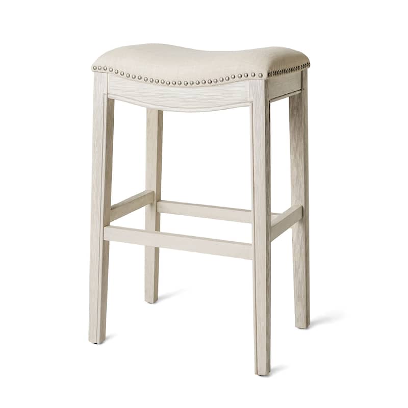 Maven Lane Adrien Backless Saddle Kitchen Counter Stool in Walnut Finish w/ Grey Fabric Upholstery - White Oak - Bar Height