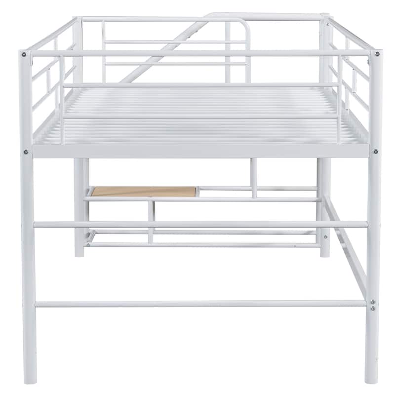 Twin Size MDF Metal Mid Loft Bed with Storage stairs and Fence for Kids, Boys and Girls, Bedroom