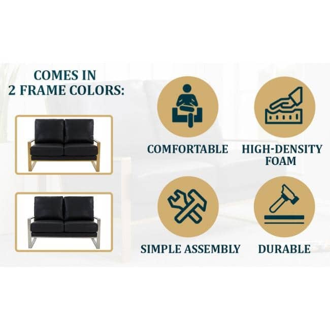Jefferson Modern Leather Loveseat Gold with Gold Metal Base, Cushion Seating, Pocket Springs, and Protective Floor Pads - 53.1
