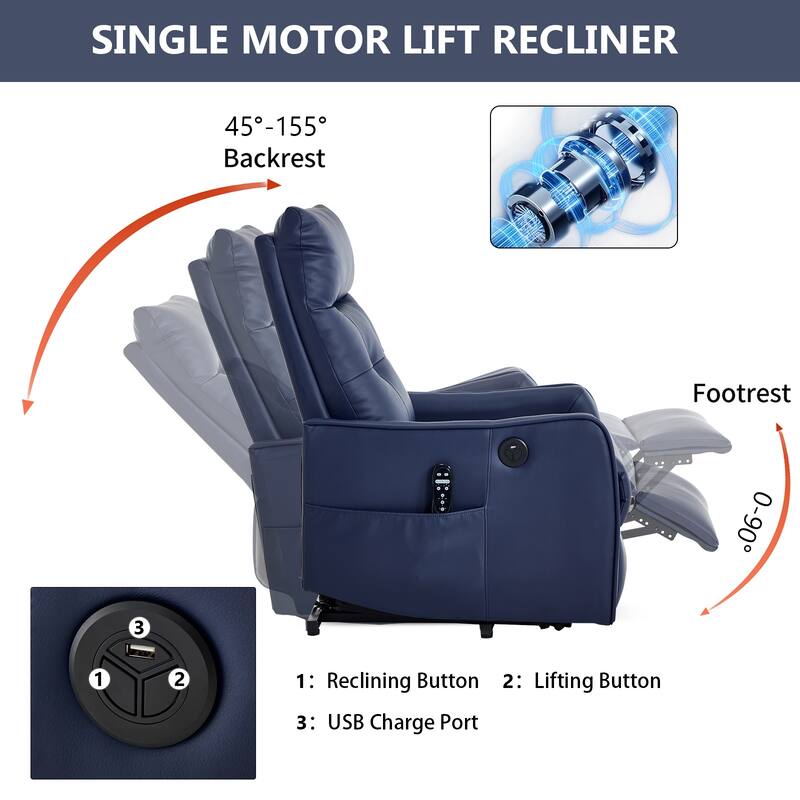 PU Single Motor Power Lift Recliner Chair with Massage and Heat for Elderly, Heavy Duty Motion Mechanism and One USB