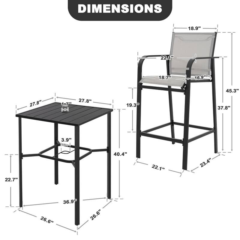 Patio 3-Piece Bar Set with Umbrella Hole, Textilene Bar Stools