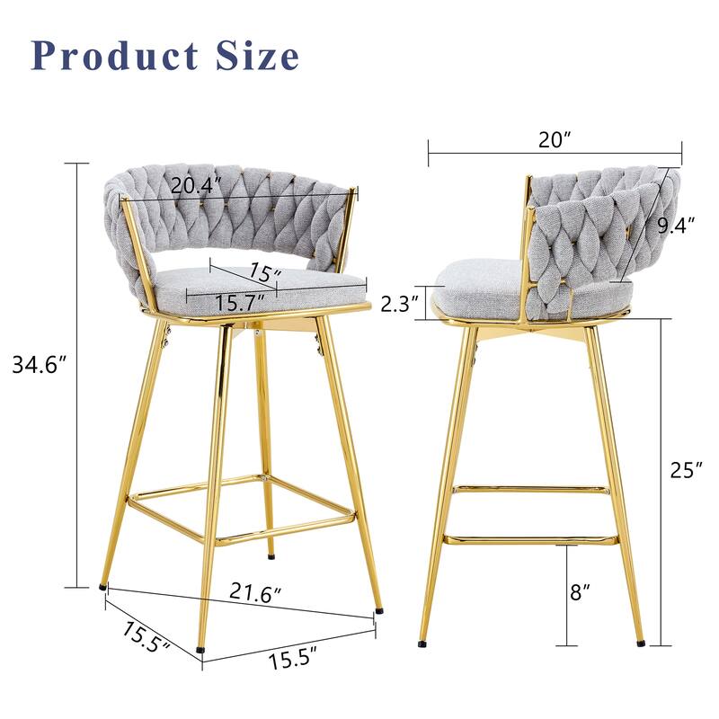 Set of 2 swivel bar stools with breathable cotton and linen soft cushions, electroplated metal frames without rust