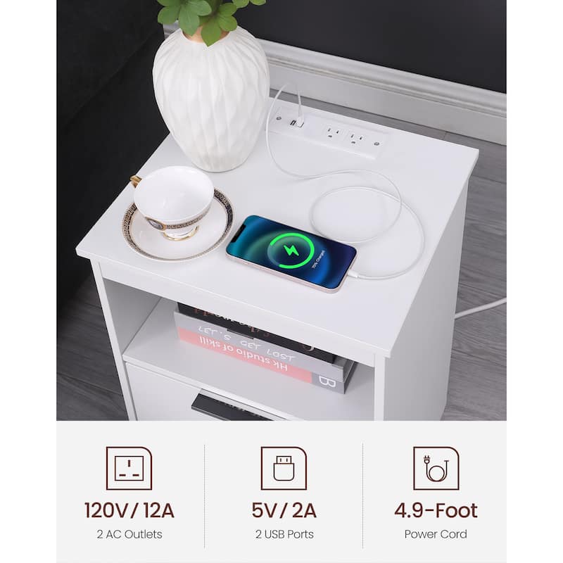 Nightstand with Charging Station,End Table with 2 Drawers,Wooden End Table with Drawer and Opening Shelf