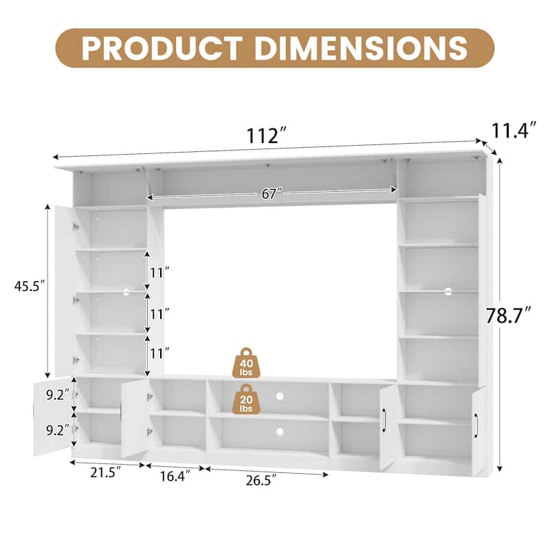 EROMMY 112" Wall Unit TV Stand with LED Lights, Bookshelves and Storage Cabinets for Living Room