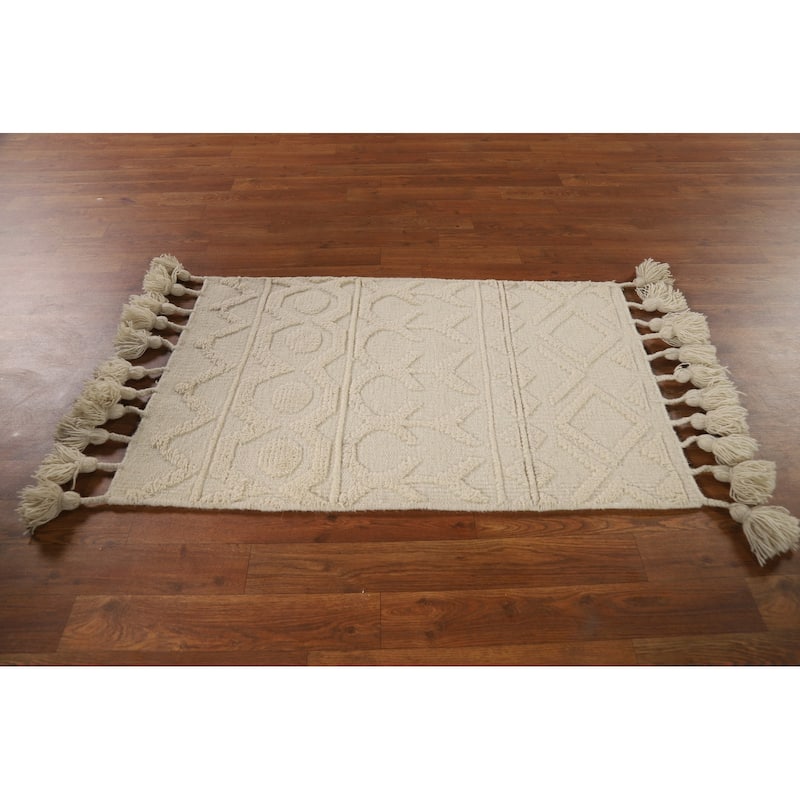 Ivory Geometric Moroccan Oriental Accent Rug Hand-Knotted Wool Carpet - 2'0"x 3'0"