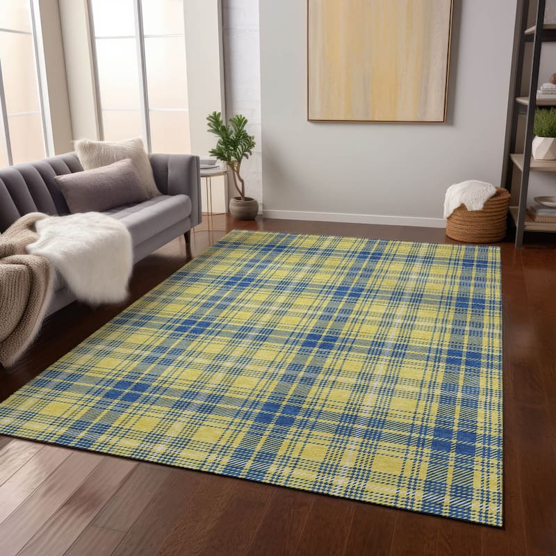 Machine Washable Indoor/ Outdoor Plaid Chantille Rug - Yellow - 3' x 5'