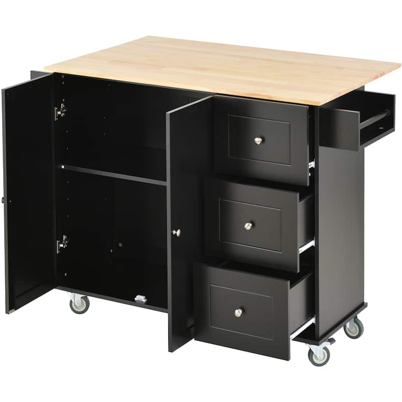 Rolling Kitchen Island with Solid Wood Top, Storage Cabinet and Drop Leaf Bar w/Spice Rack, Towel Rack for Living Room