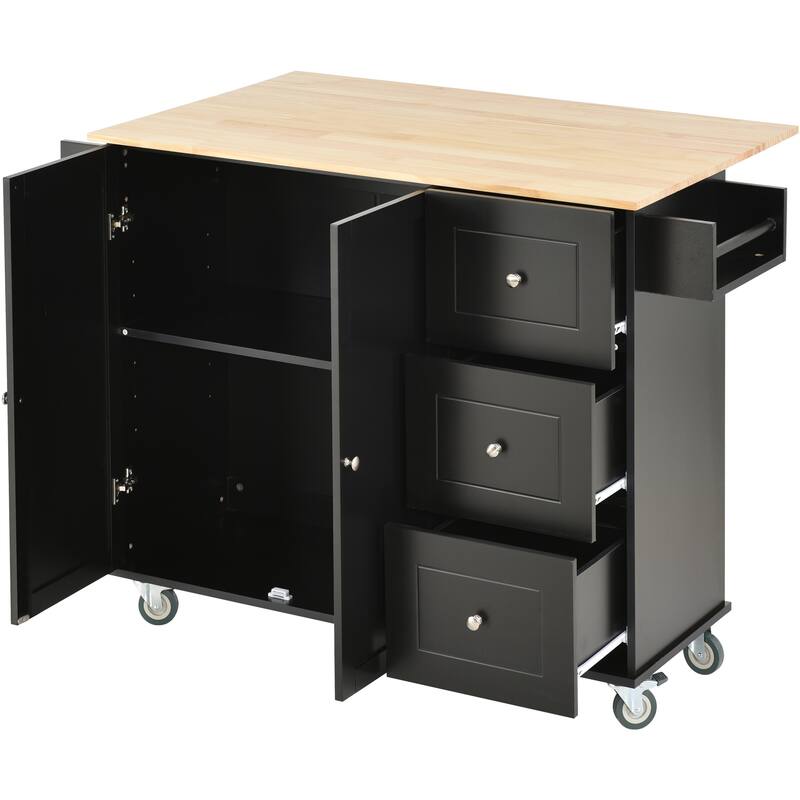 Solid Wood Top Drop Leaf Kitchen Island on Wheels, Rolling Kitchen Cart with Storage Cabinet, Drawers, Spice Rack and Towel Rack