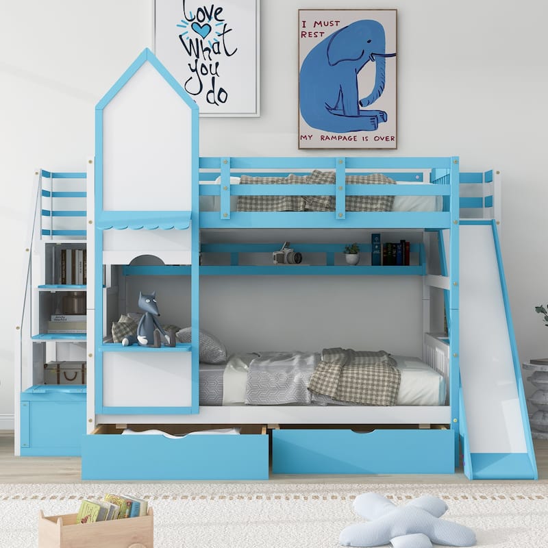 Castle Style Bunk Bed with 2 Drawers 3 Shelves and Slide - Full - Blue-2