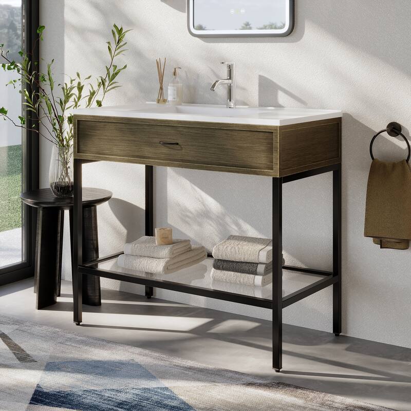 Ansel Freestanding Bathroom Vanity with Single Sink, One Glass Shelf, Metal Legs