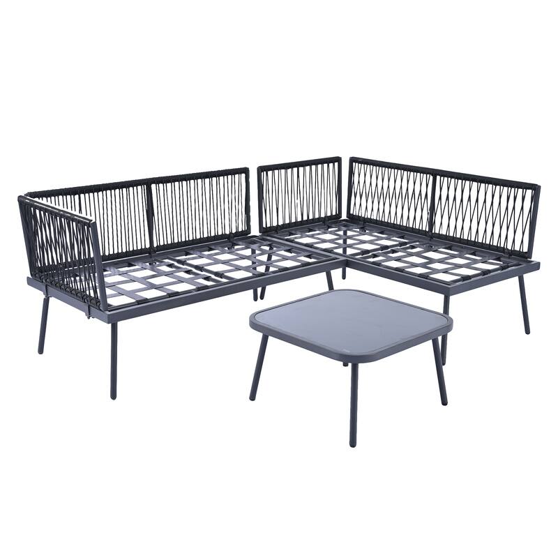 Modern Outdoor 3-Piece PE Rattan Sectional Sofa Set with Cushions and Glass Table