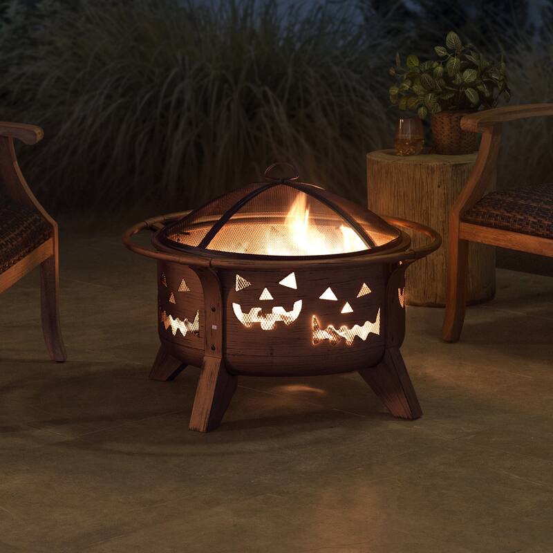 Sunjoy 30 in. Outdoor Wood-Burning Fire Pit, Patio Woven Round Steel Firepit Outside with Spark Screen and Poker - N/A